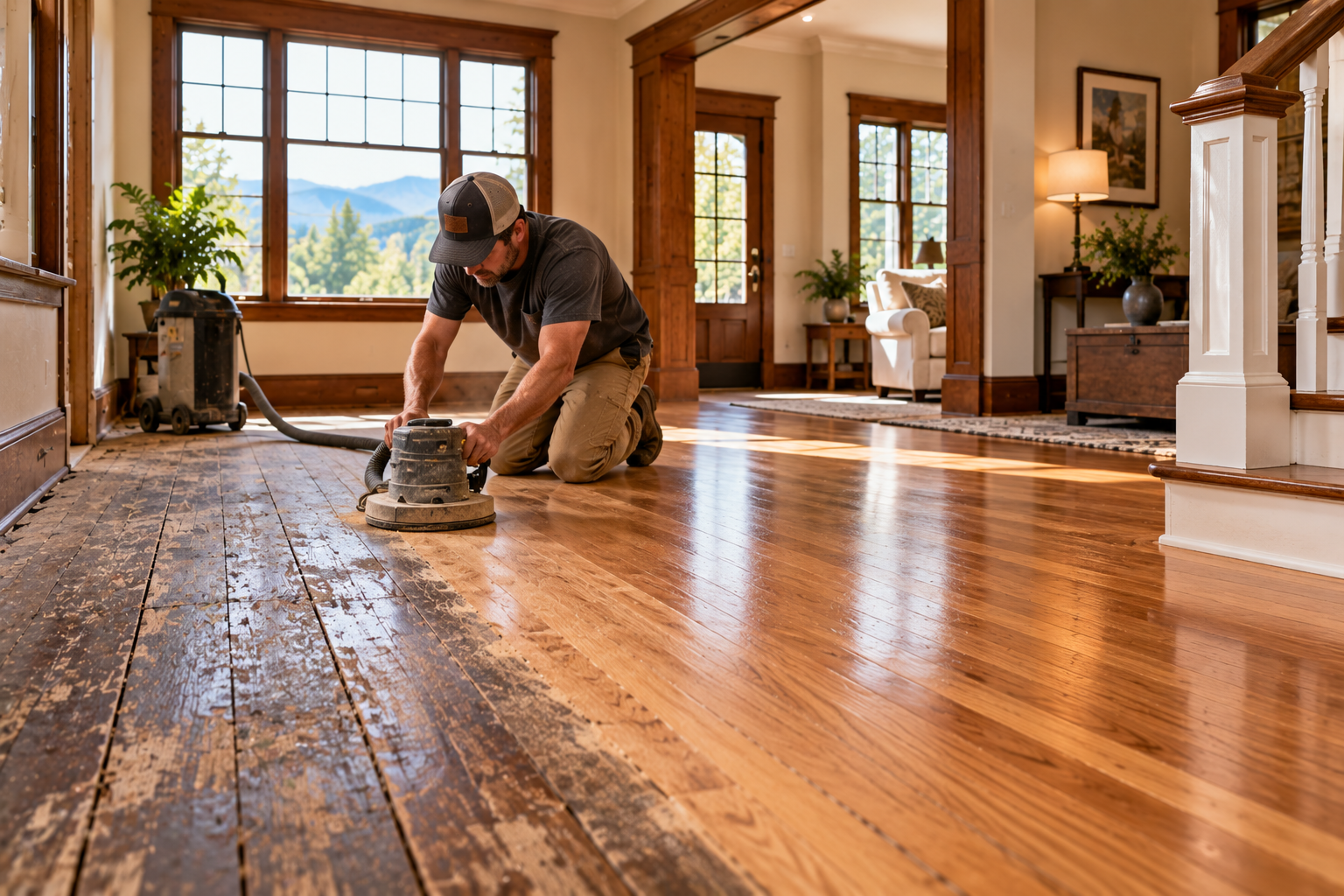 Person sanding a wooden floor in a sunlit room with large windows and mountains outside