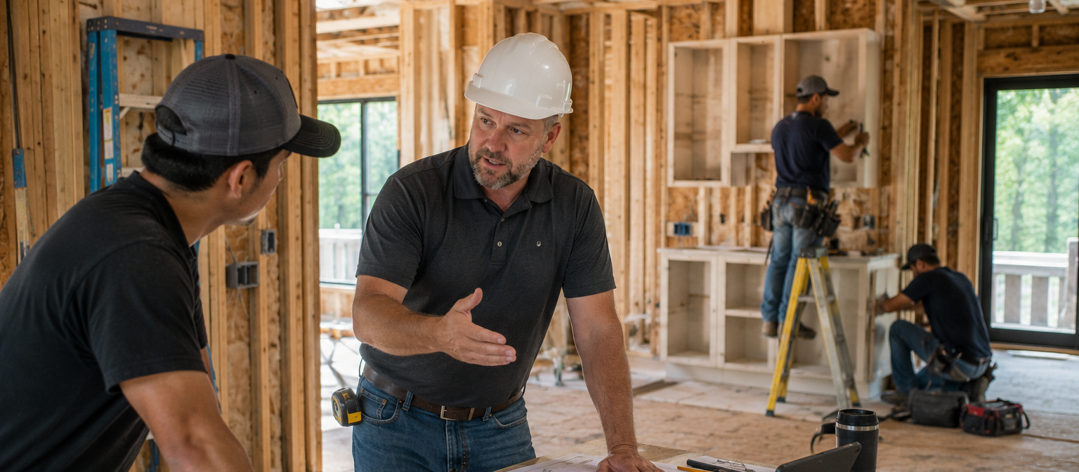 Construction workers in a framed house discussing plans during interior renovation