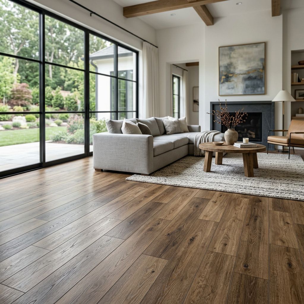 Modern living room with hardwood floors, large glass doors, gray sofa, and fireplace overlooking a garden