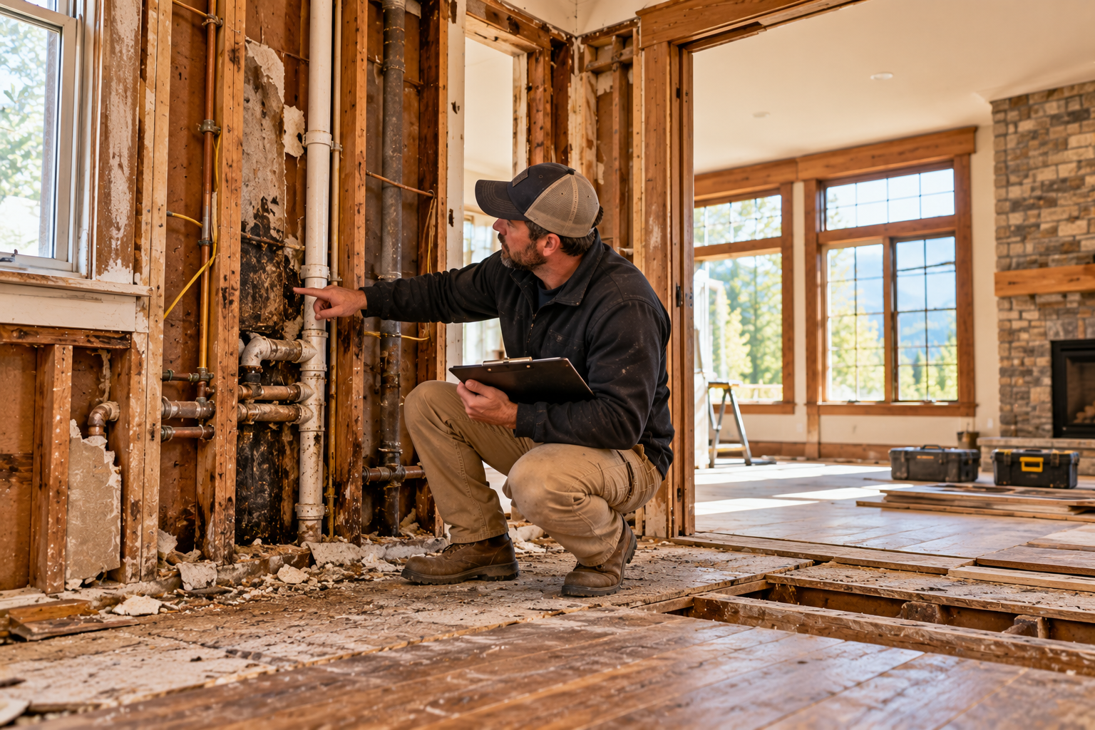 Worker inspecting exposed wall framing during home renovation in a sunlit room