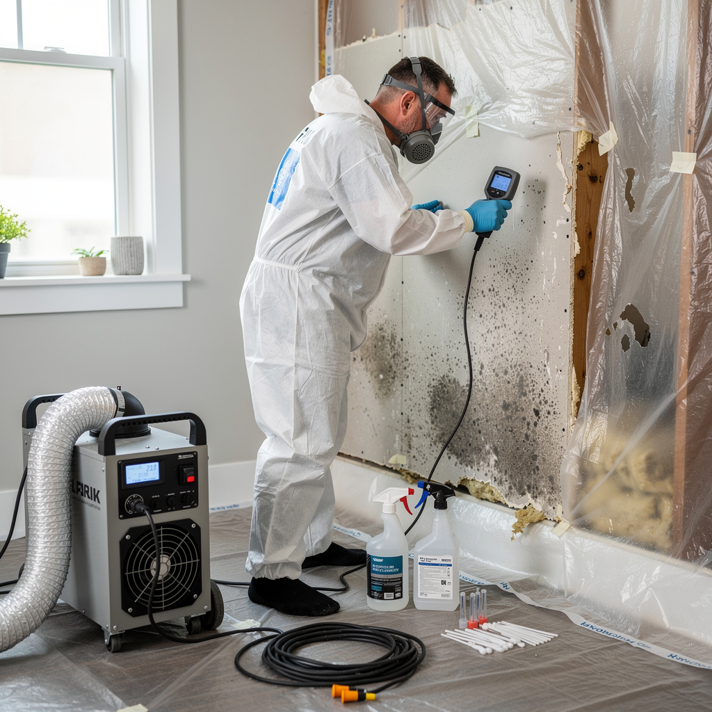 Technician in white suit spray-treating moldy wall in a plastic-covered room, with equipment on the floor