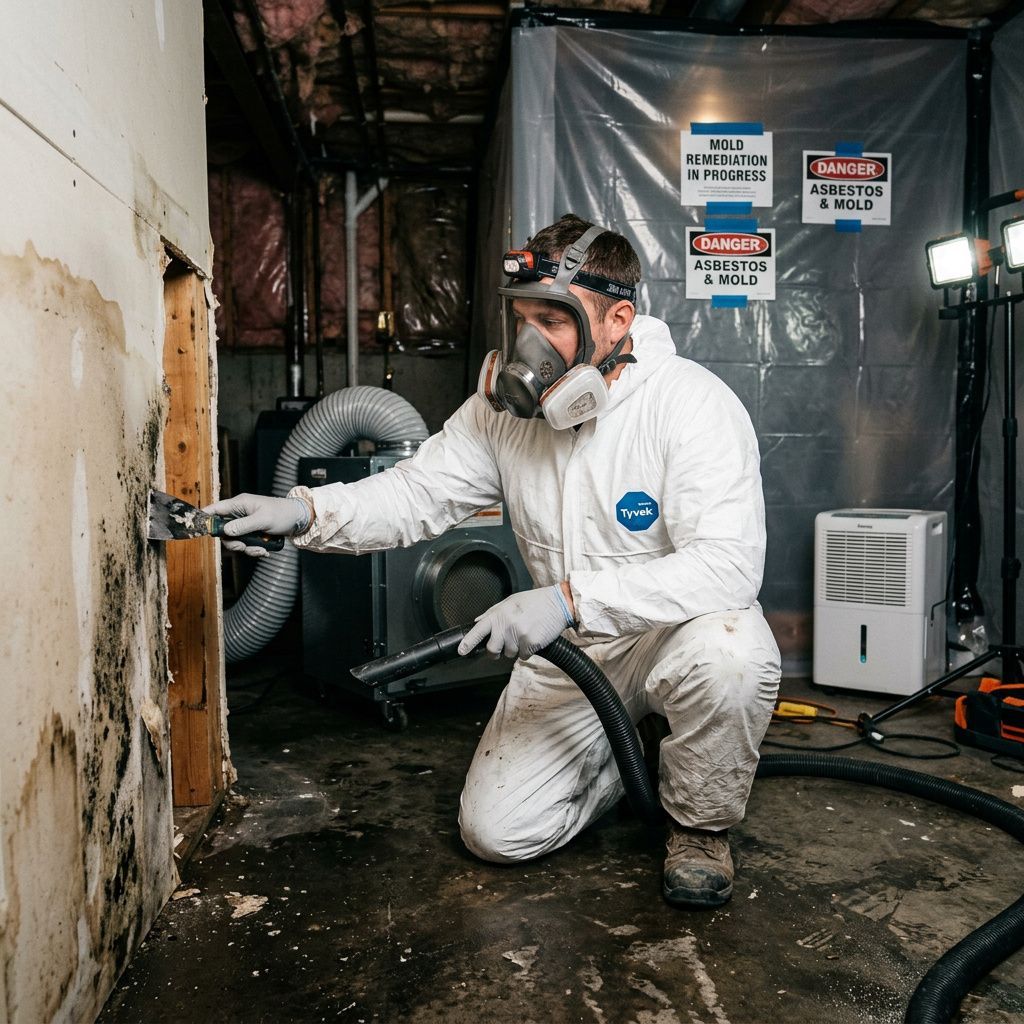 Worker in white hazmat suit and respirator spraying or cleaning a damaged molded wall in a debris-filled room