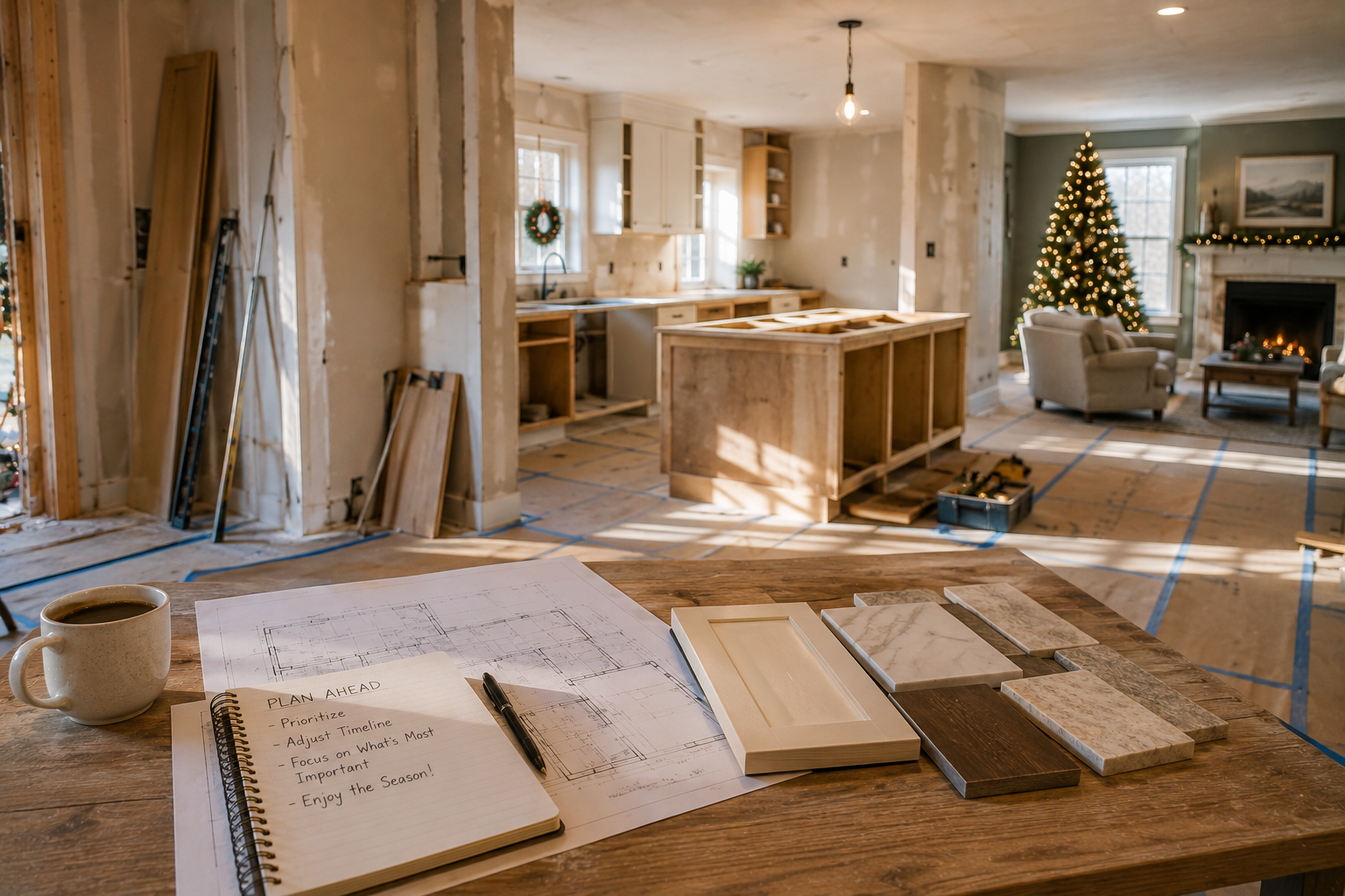 Architect plans on a table in a bright, unfinished home with wood floors and a lit Christmas tree.