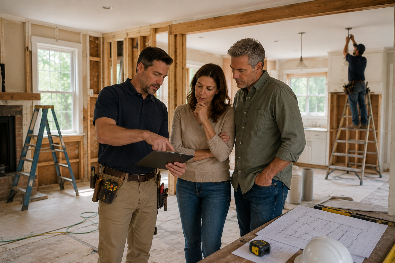 Three people reviewing house renovation plans in a partially renovated room.