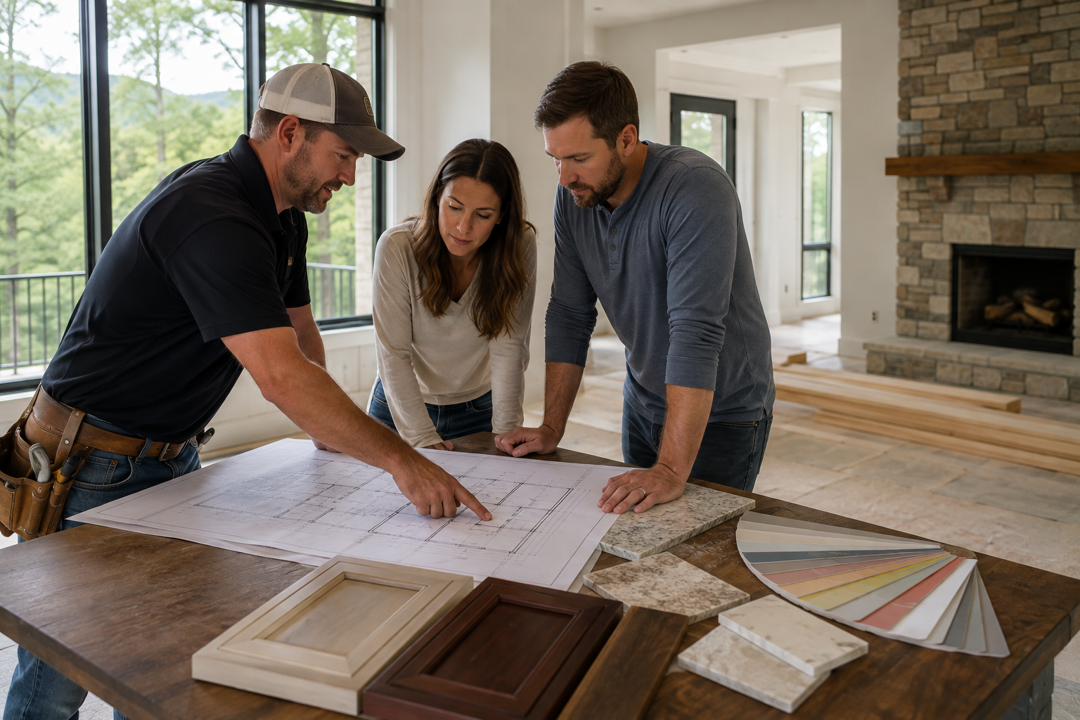 Three people reviewing home design plans on a table in a bright living room with wood samples and paint swatches.