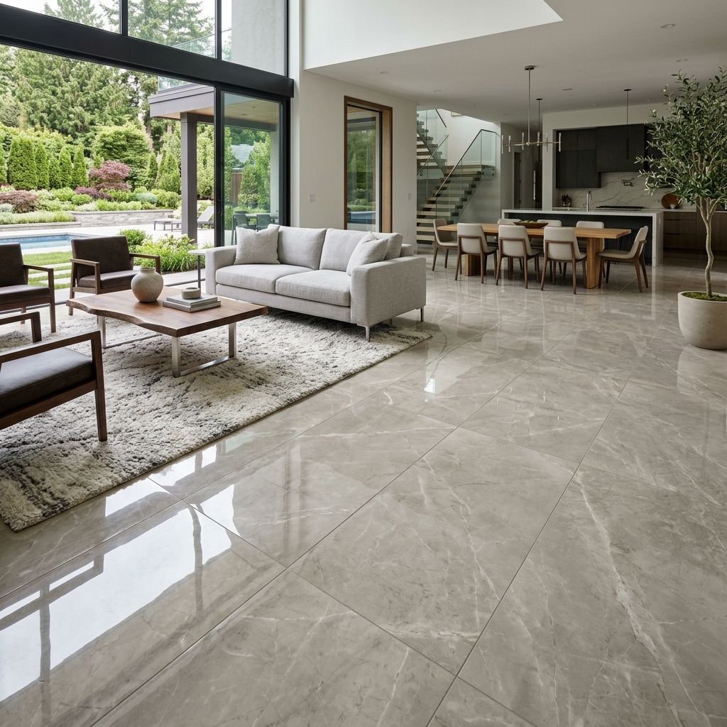 Modern open-plan living room with gray sofa, glossy tile floor, and garden view through large sliding doors