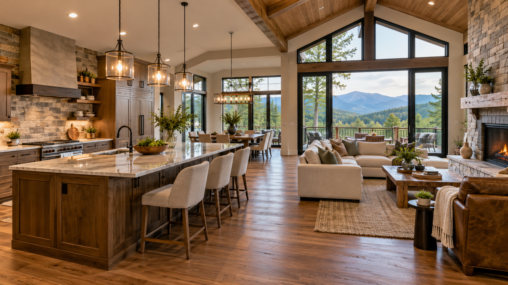 Open-concept modern living room and kitchen with wood beams, stone fireplace, and mountain views