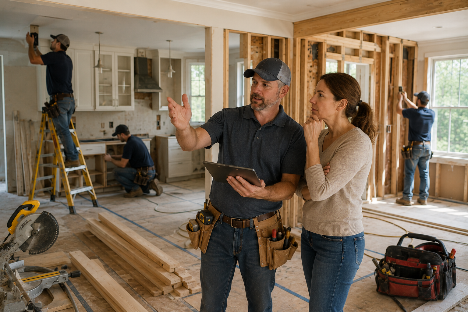 Workers renovating a bright room; two people discuss plans while others install drywall and use tools.