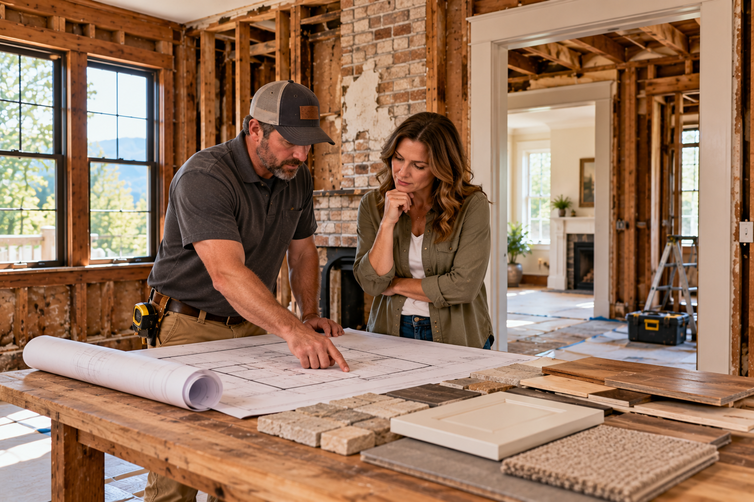 Two people reviewing floor plans at a construction site inside an unfinished house