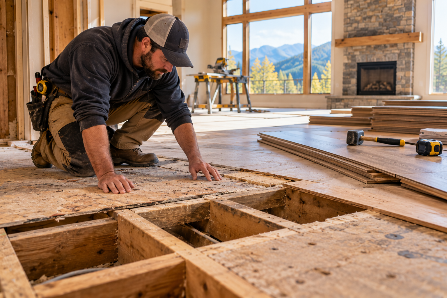 Worker kneeling over exposed floor joists in a bright room, measuring and fitting boards with tools nearby