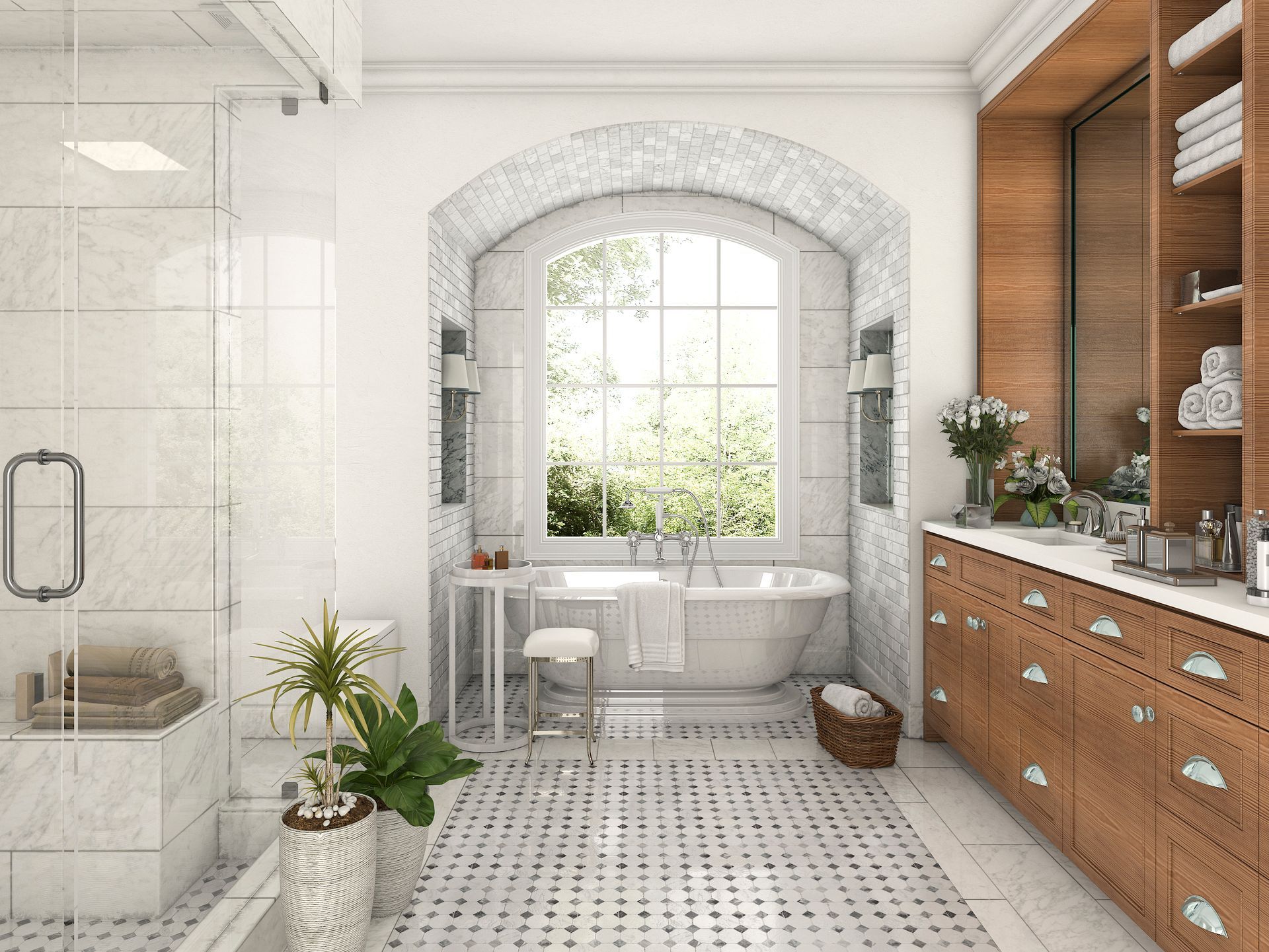 Elegant bathroom with freestanding tub by a large window, marble tile, and wood storage.