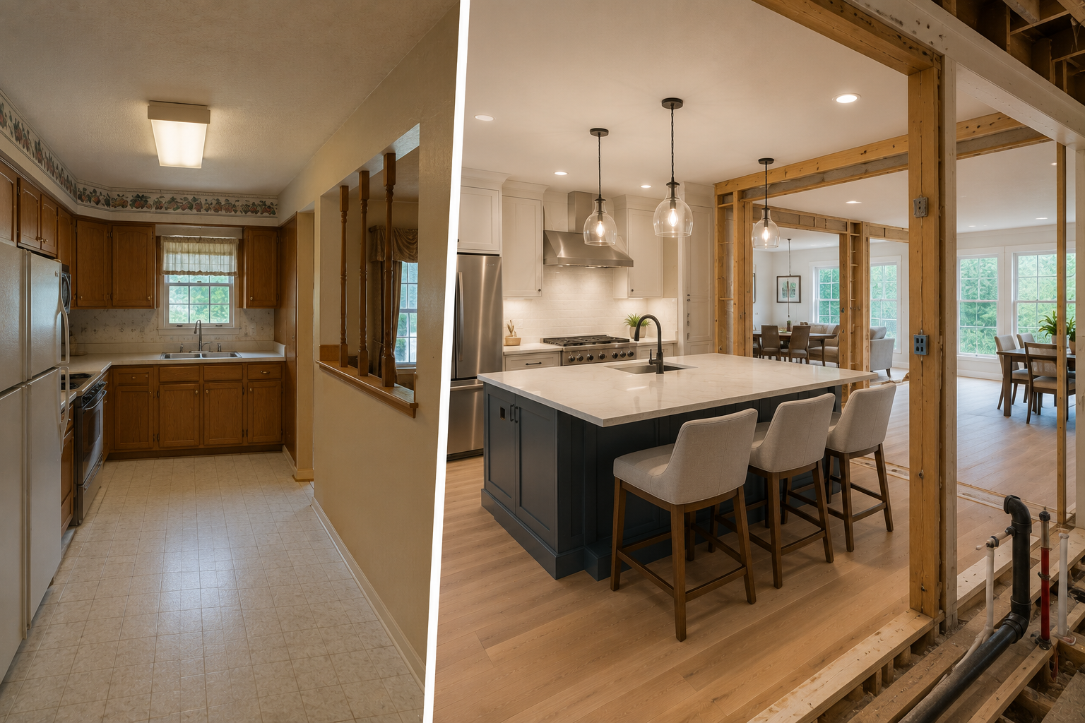 A split screen of an older kitchen, compared to a bigger kitchen after a remodel.