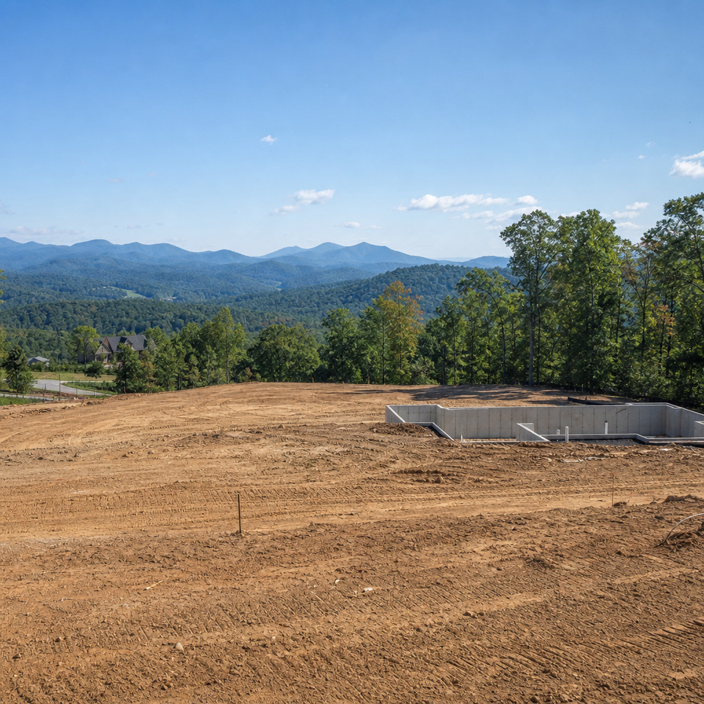 Cleared dirt lot overlooking forested mountains under a clear blue sky