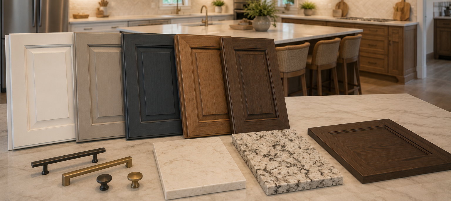 Kitchen cabinet door styles and hardware samples displayed on a countertop in a showroom