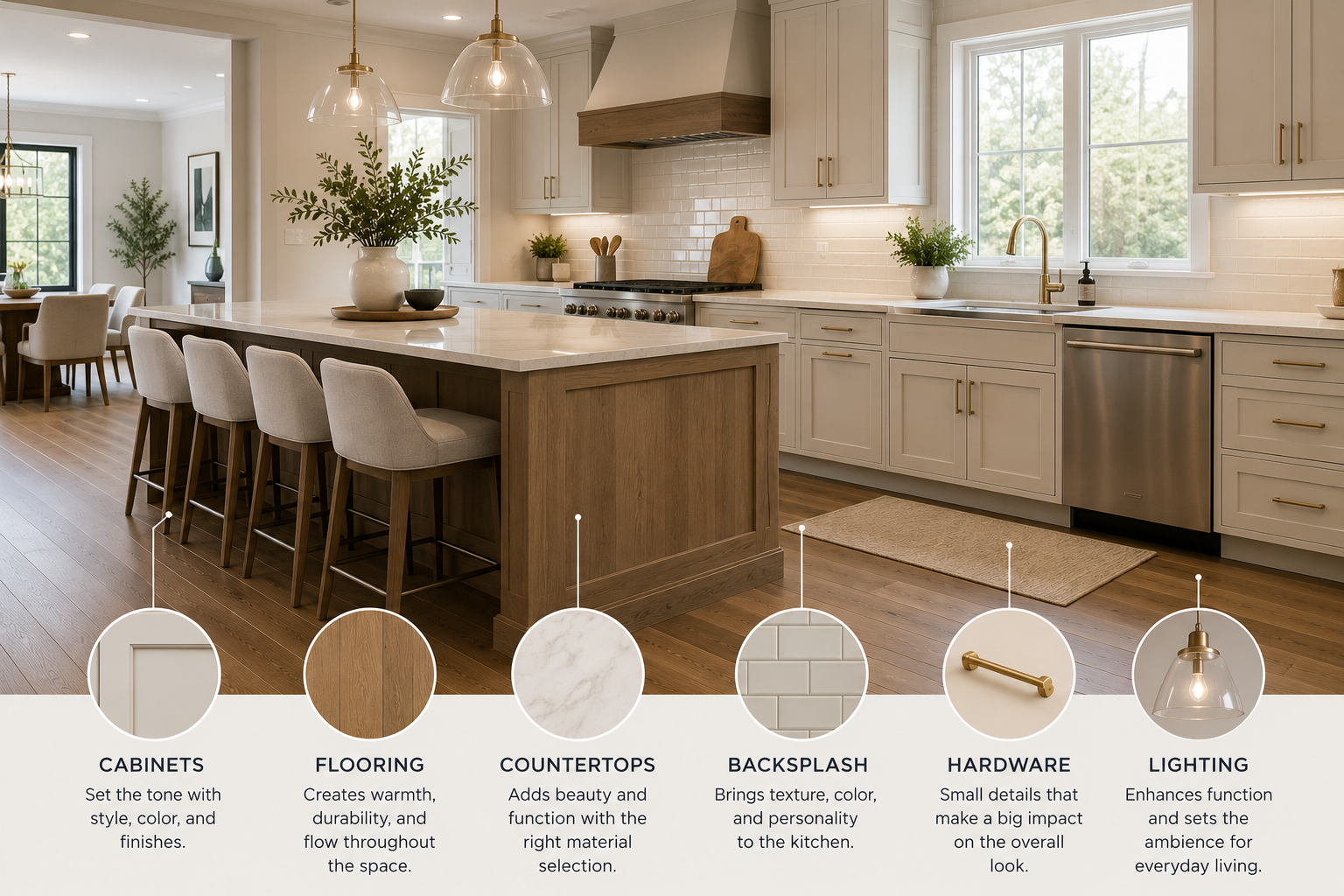 Bright modern kitchen with wood island, overlay white cabinets, bar stools, and large windows