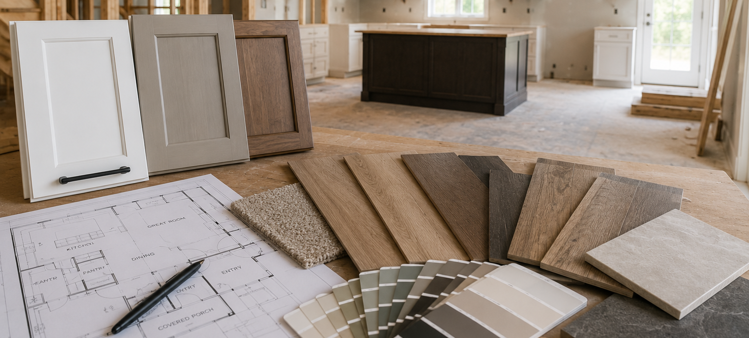 Kitchen cabinet and countertop material samples displayed in a bright showroom with floor plans.