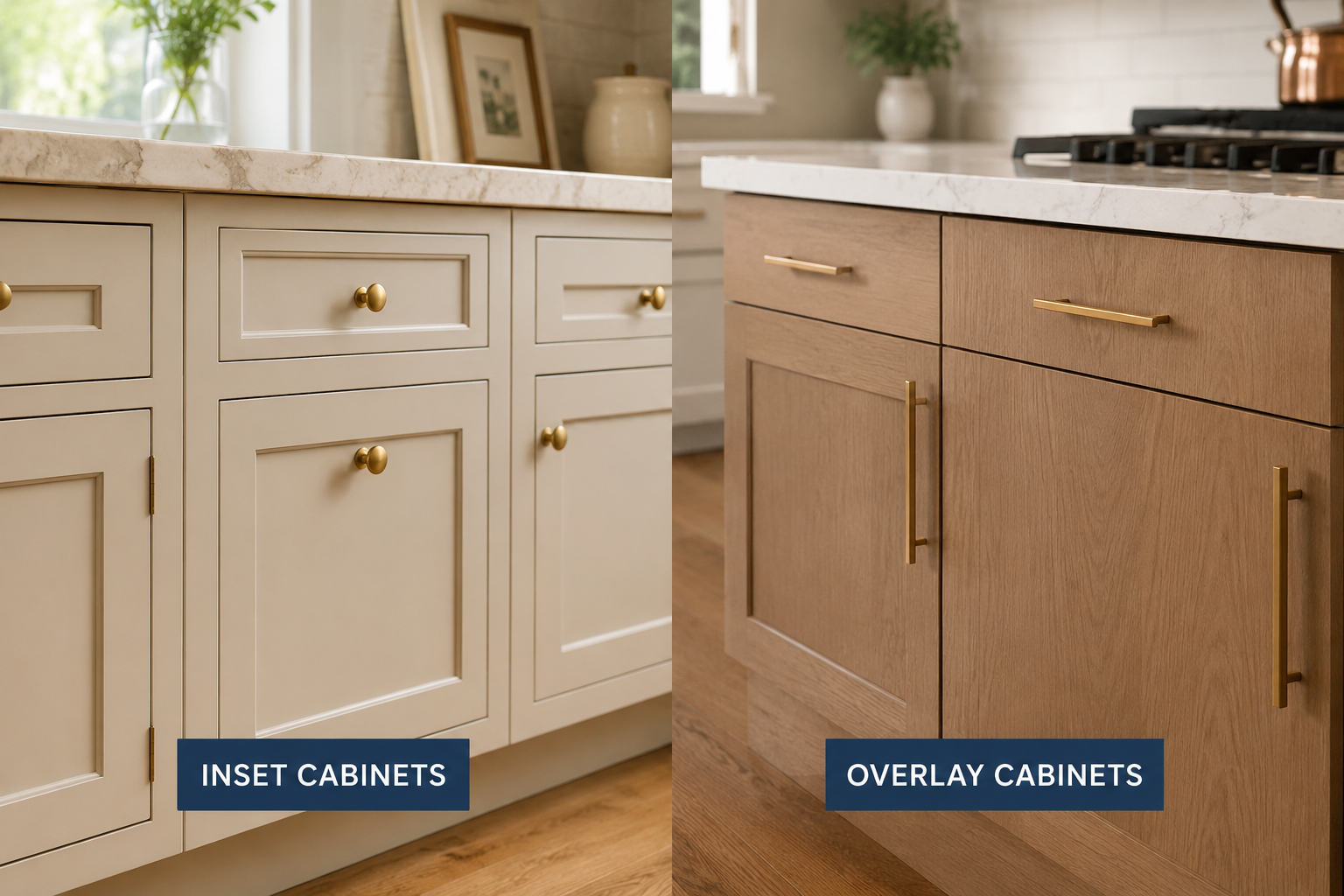 Kitchen cabinets labeled inset and overlay, showing white inset doors beside wood-tone overlay drawers.