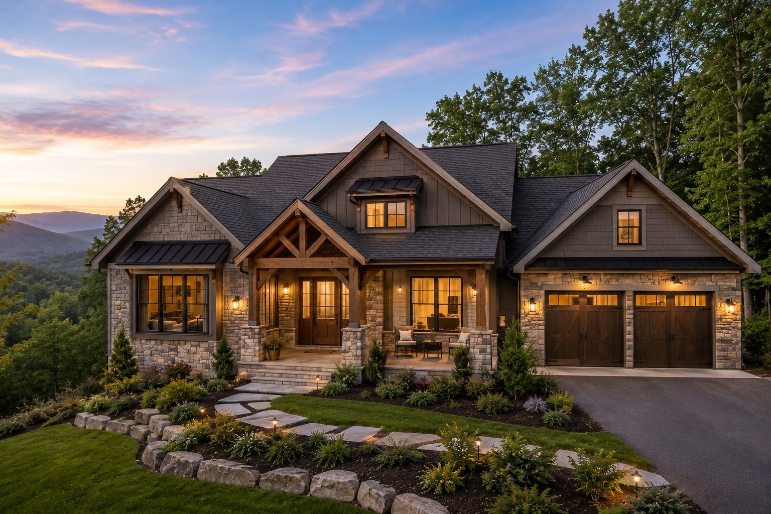 Luxury stone-and-wood house at sunset with warm lights, mountain backdrop, and landscaped front yard