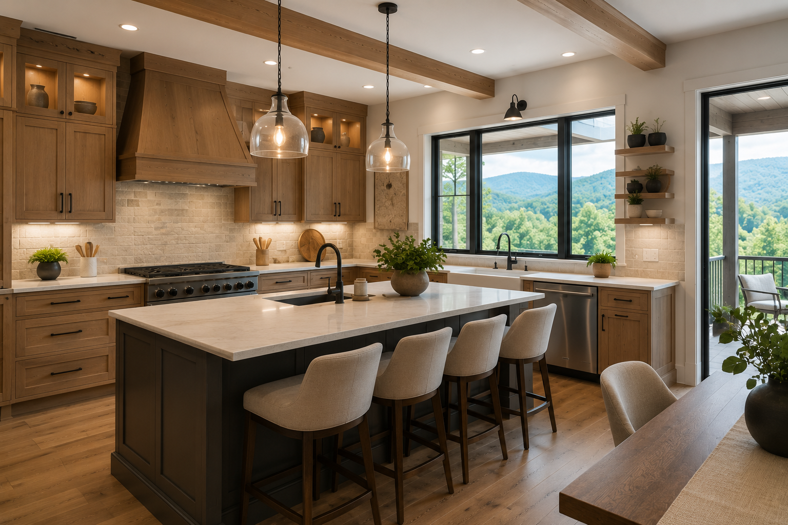 Modern kitchen with a large island, wood cabinets, pendant lights, and mountain-view windows