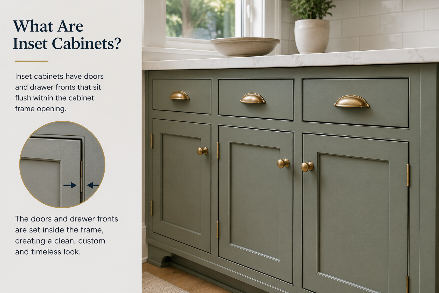 Inset green bathroom vanity with brass knobs and a countertop, alongside a small inset cabinet diagram and text.
