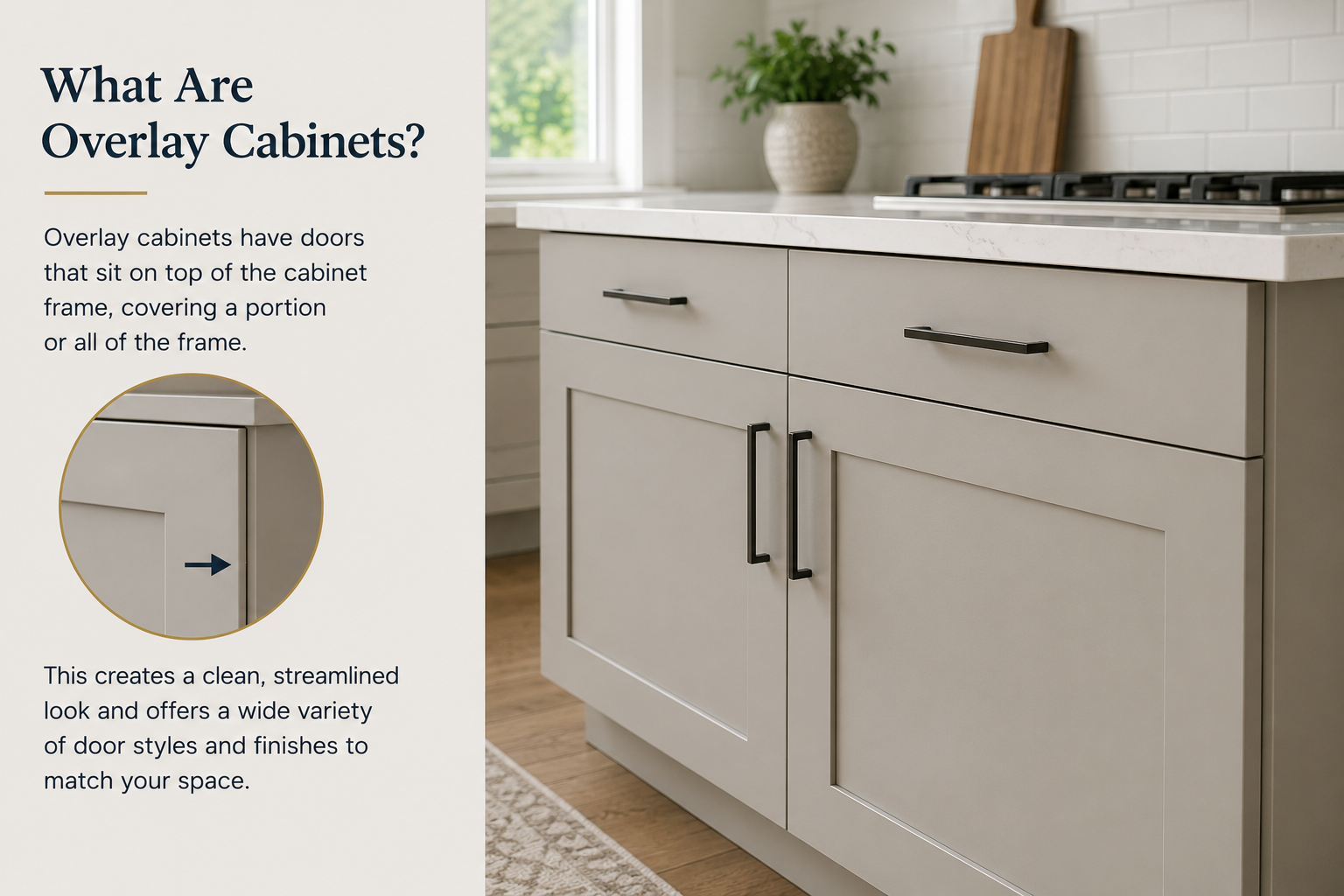 Overlay kitchen cabinet with raised panel door styles, shown in a bright white kitchen.