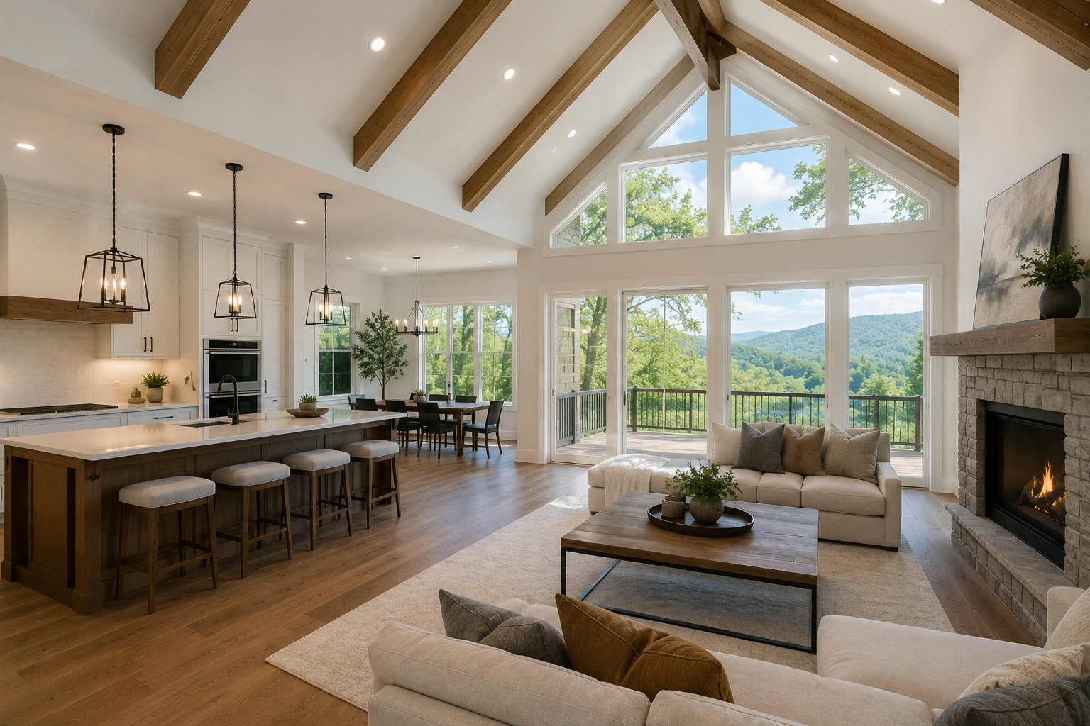 Bright open-concept living room with vaulted ceiling, fireplace, large windows, and kitchen island