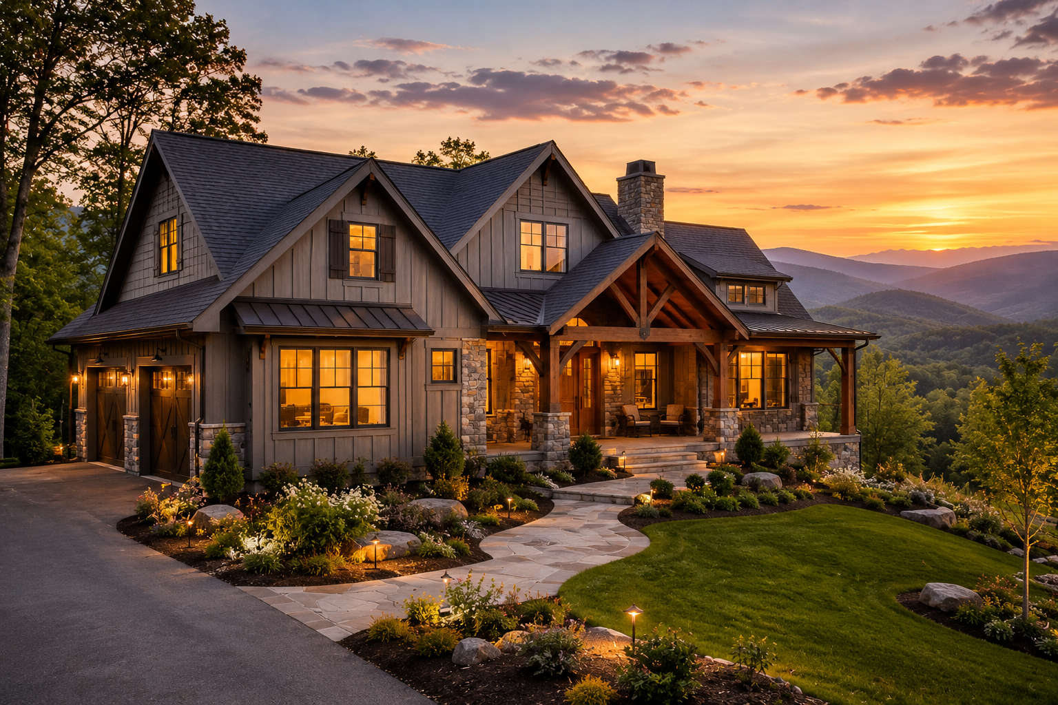 Cozy stone-and-wood mountain house at sunset with warm lights, landscaped garden, and valley views