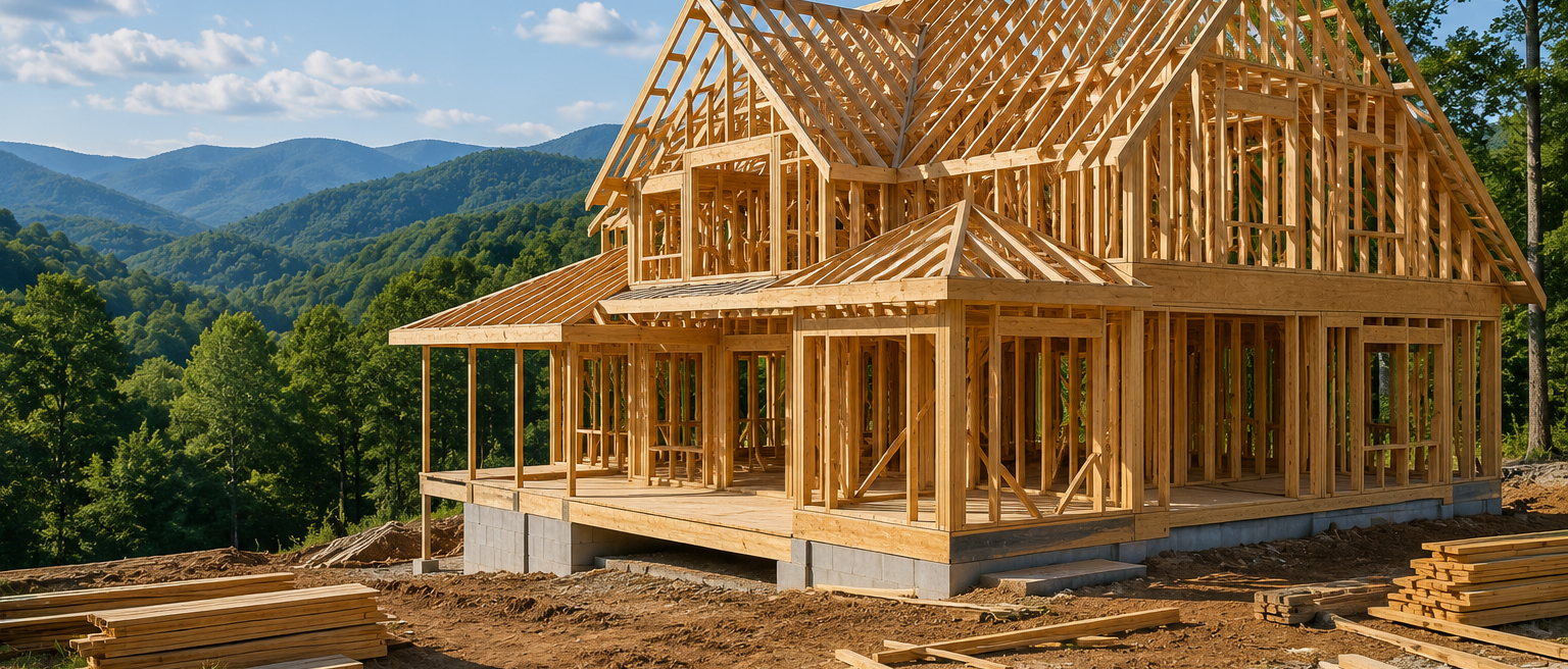 Wooden house under construction on a mountain site with forest and distant hills behind it