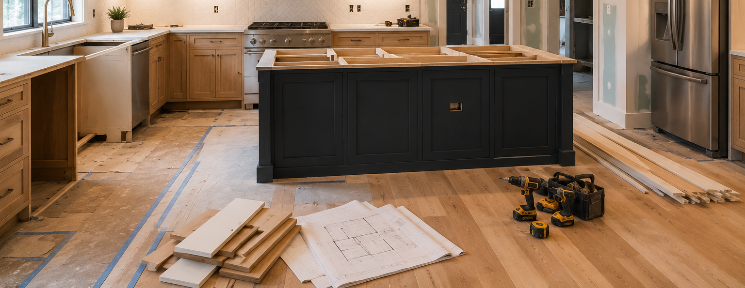 Kitchen under renovation with dark island, tools, and flooring materials scattered on the floor