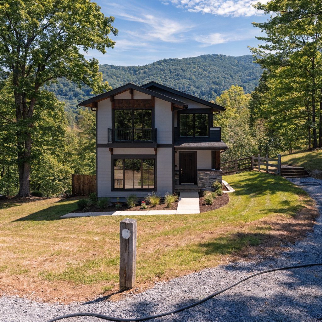 Two-story modern custom home on a wooded hillside with mountains in the background