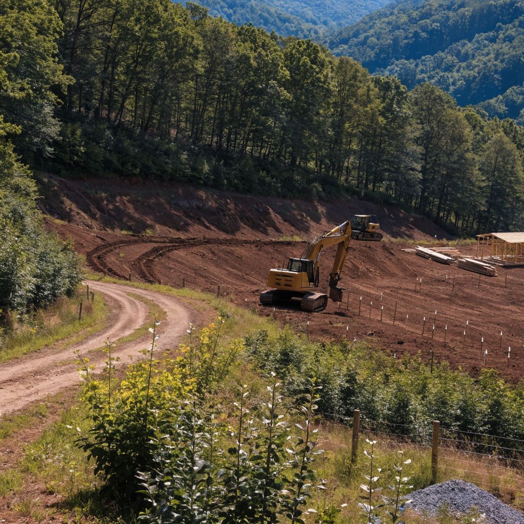 Bulldozers working on a cleared hillside beside a dirt road, with new home construction in the background.