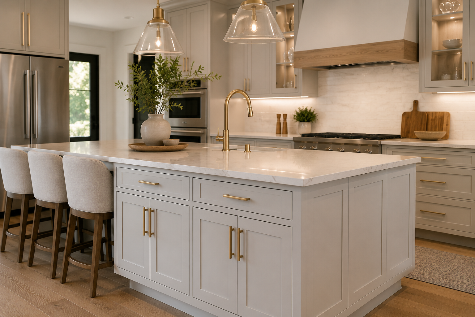 Bright modern kitchen with a large white island, gold fixtures, inset cabinets, and bar stools