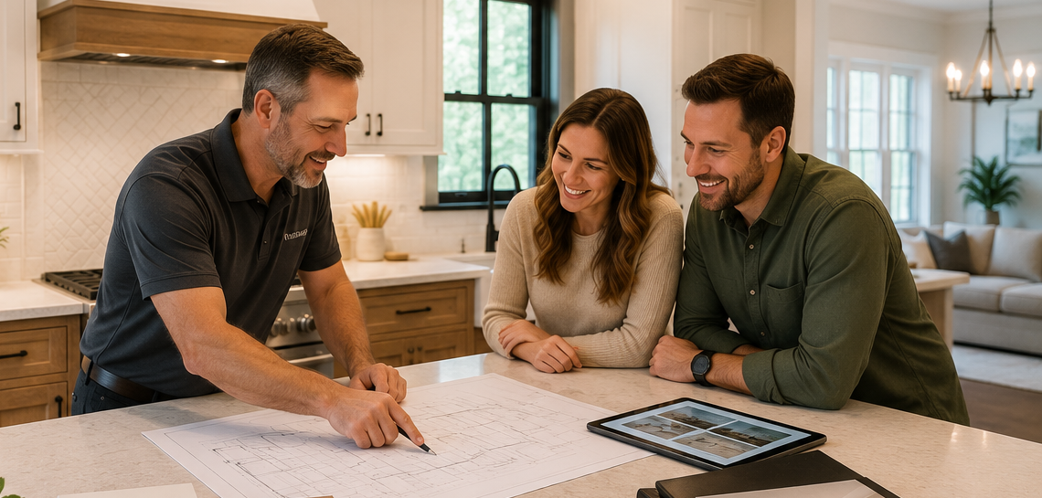 Three people reviewing house plans together at a kitchen table with a tablet in a bright home interior
