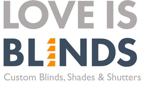 Love Is Blinds logo in gray, navy, and orange with the tagline “Custom Blinds, Shades & Shutters”
