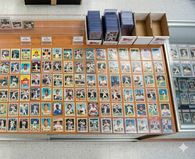 Display of many baseball cards arranged in rows in a store case, with card boxes lined along the top.