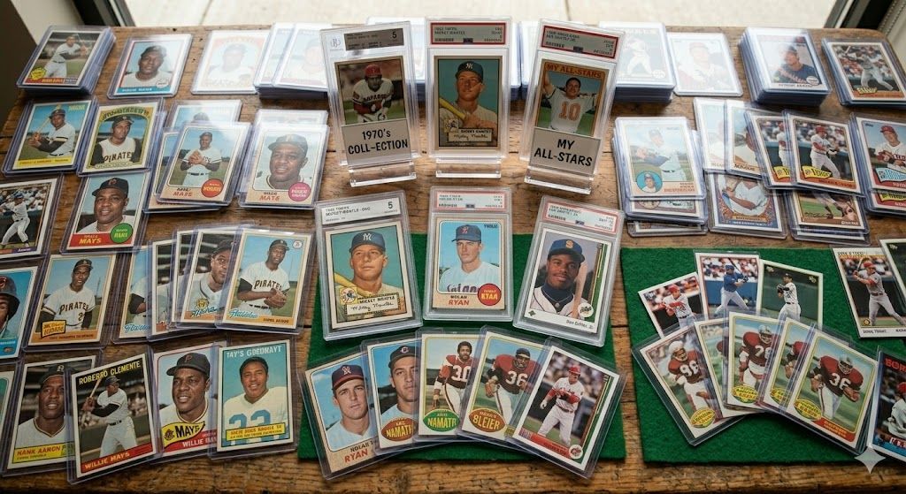 Scattered soccer trading cards and stickers on a woven mat, with stacks and loose cards arranged in rows