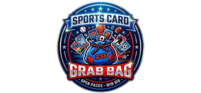 Sports Card Grab Bag logo with red, white, and blue circular badge and cartoon cards bursting out