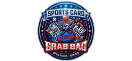 Sports Card Grab Bag logo with red, white, and blue circular badge and cartoon cards bursting out