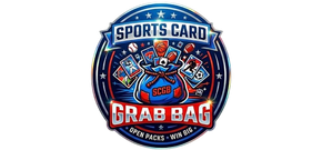 Sports Card Grab Bag logo with red, white, and blue circular badge and cartoon cards bursting out