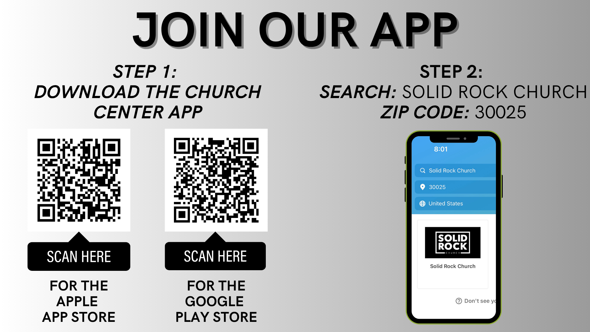 A picture of how to join the church app.