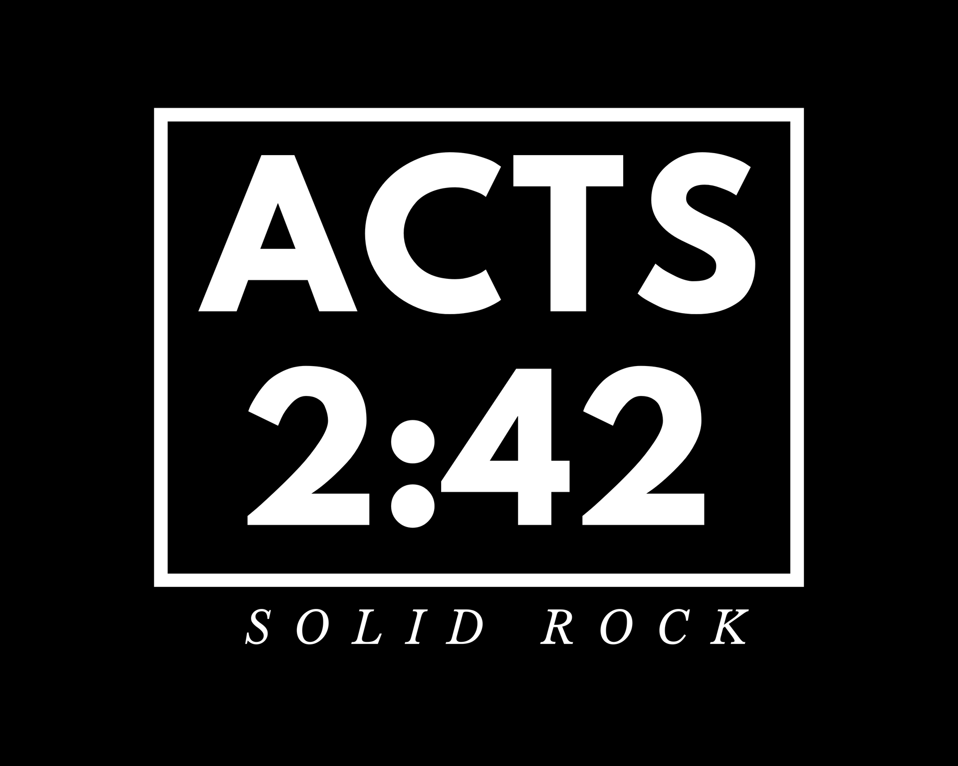 The logo for acts 2:42 solid rock is white on a black background.