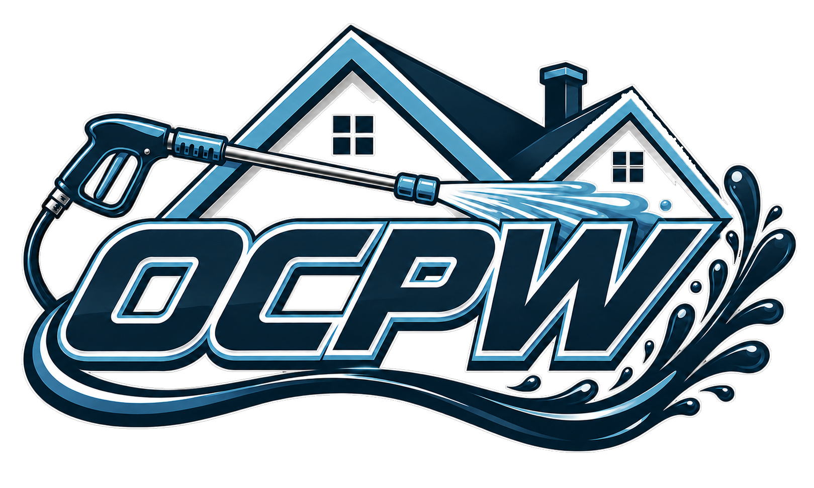 Blue OCPW logo with house roof, power tool, and water splash accents