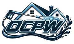 Blue OCPW logo with house roof, power tool, and water splash accents