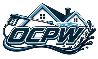 Blue OCPW logo with house roof, power tool, and water splash accents