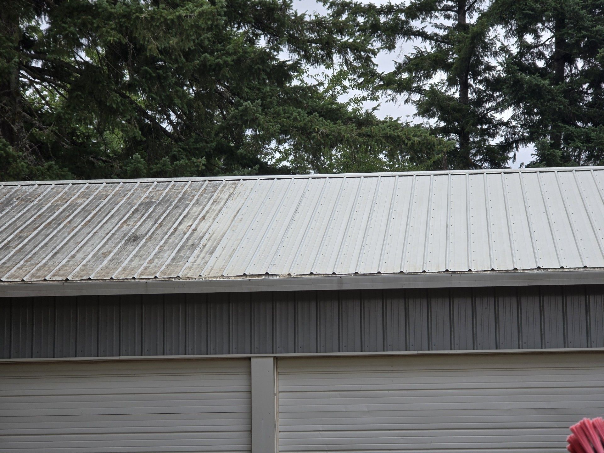 Weathered metal roof over a gray garage, with trees in the background