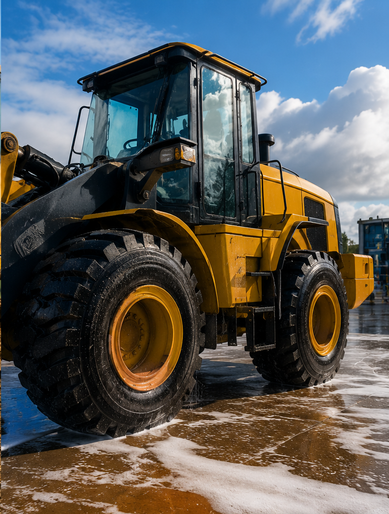 Yellow construction loader on a wet, snowy lot under a cloudy sky