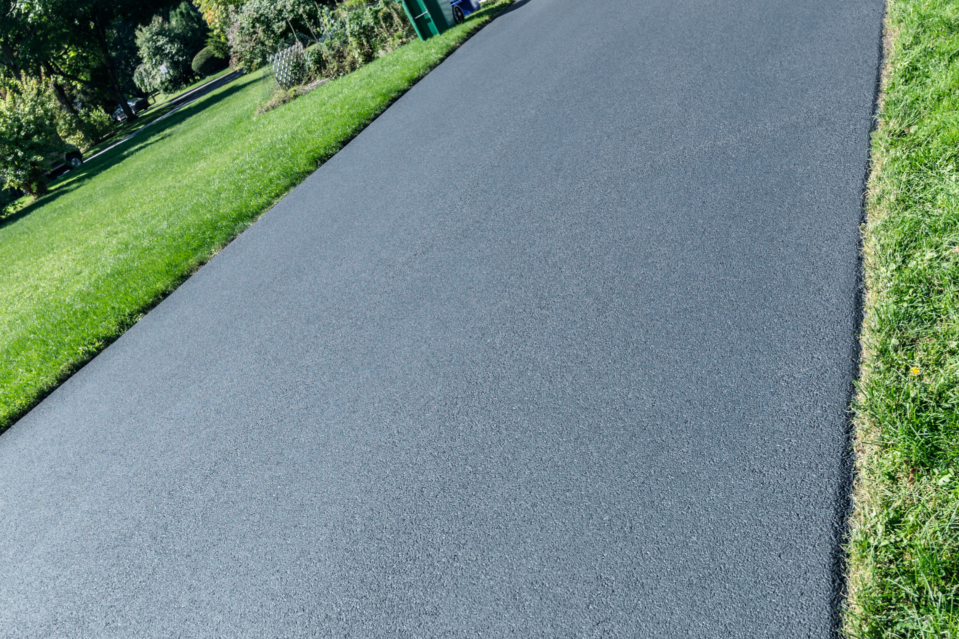Curved gray paved path bordered by green grass and trees on a sunny day