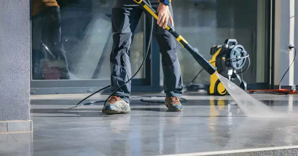 Person pressure washes a wet concrete surface with a yellow-and-black cleaner.