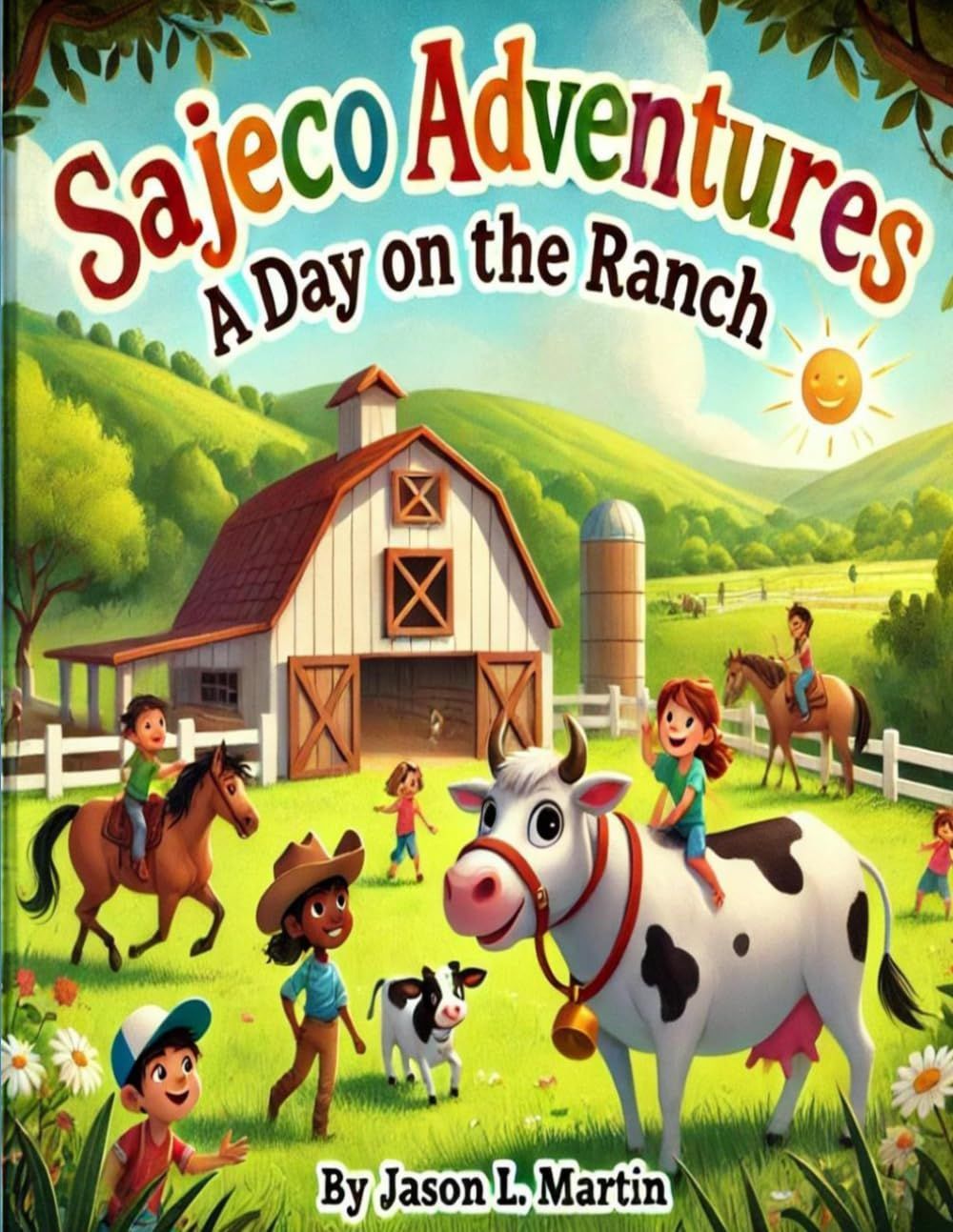Colorful ranch scene with a cow, horses, children, and a barn; title: “Sajeco Adventures: A Day on the Ranch”