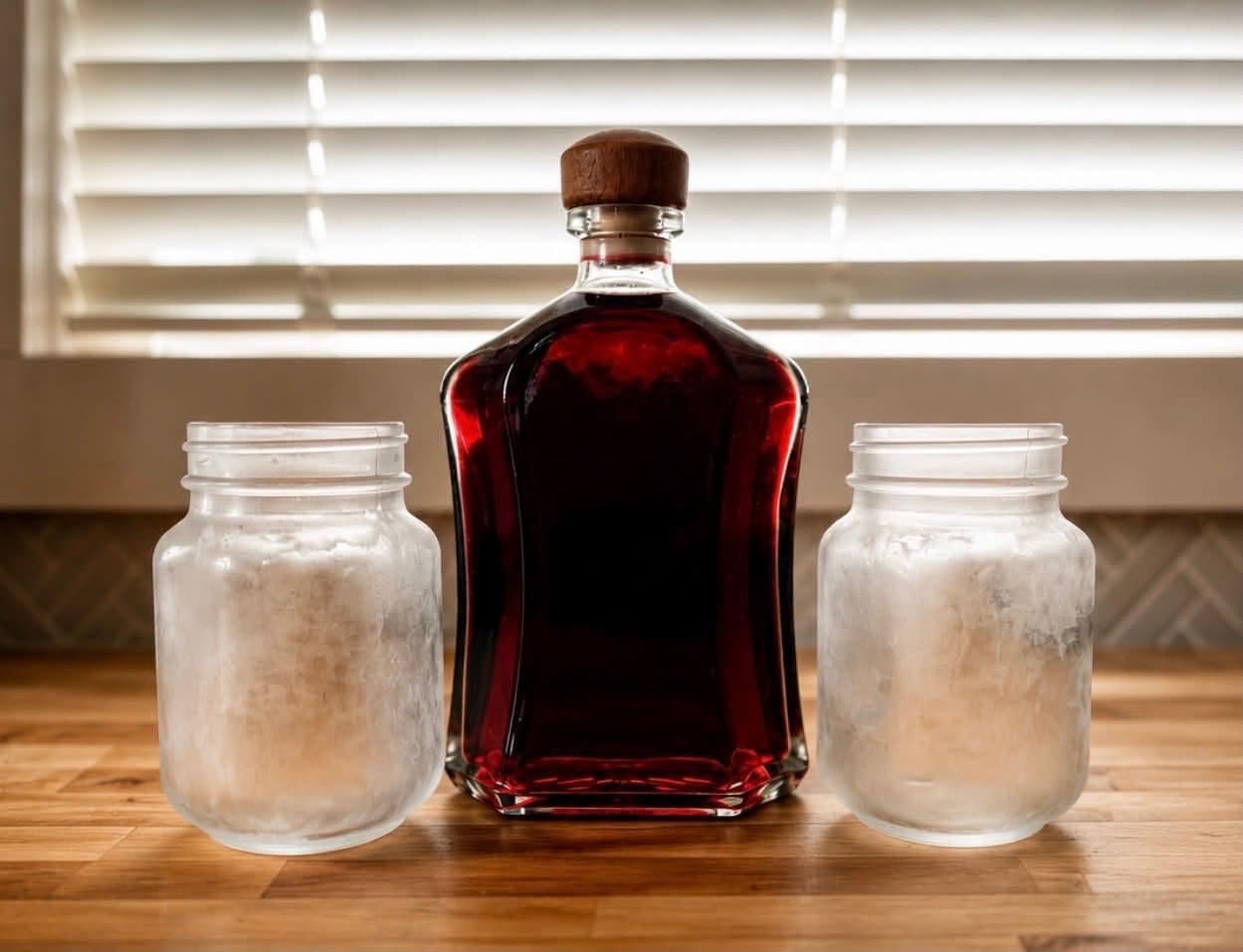 Glass bottle of dark red liquid centered between two frosted jars on a wooden table by a window